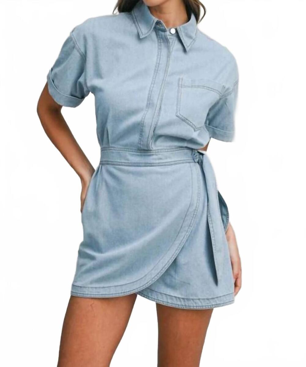 NEW MABLE cora denim wrap-style mini dress in light wash
